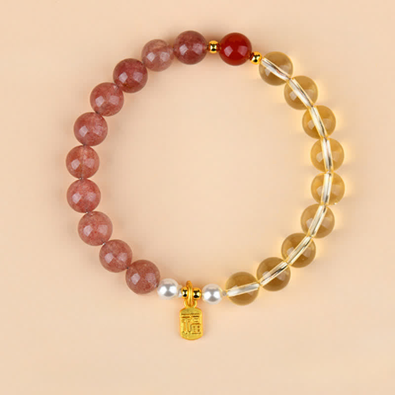 Buddha Stones Strawberry Quartz Citrine Five Elements Fu Character Luck Bracelet