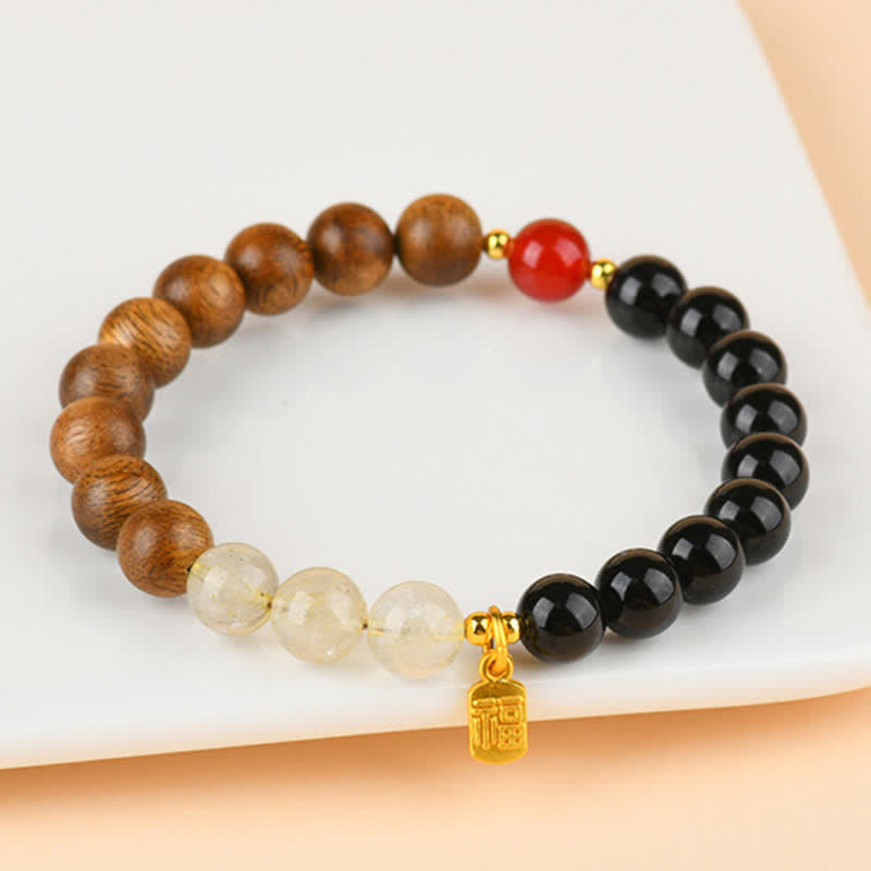 Buddha Stones Strawberry Quartz Citrine Five Elements Fu Character Luck Bracelet