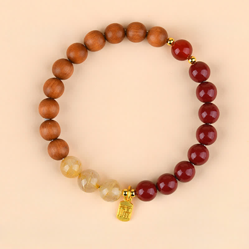 Buddha Stones Strawberry Quartz Citrine Five Elements Fu Character Luck Bracelet