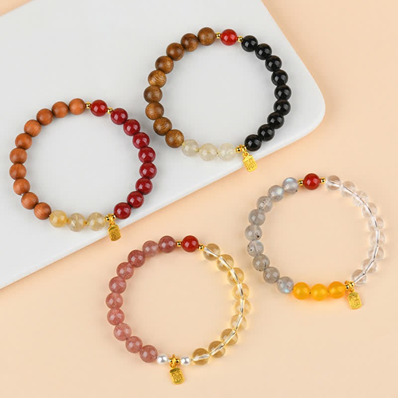 Buddha Stones Strawberry Quartz Citrine Five Elements Fu Character Luck Bracelet