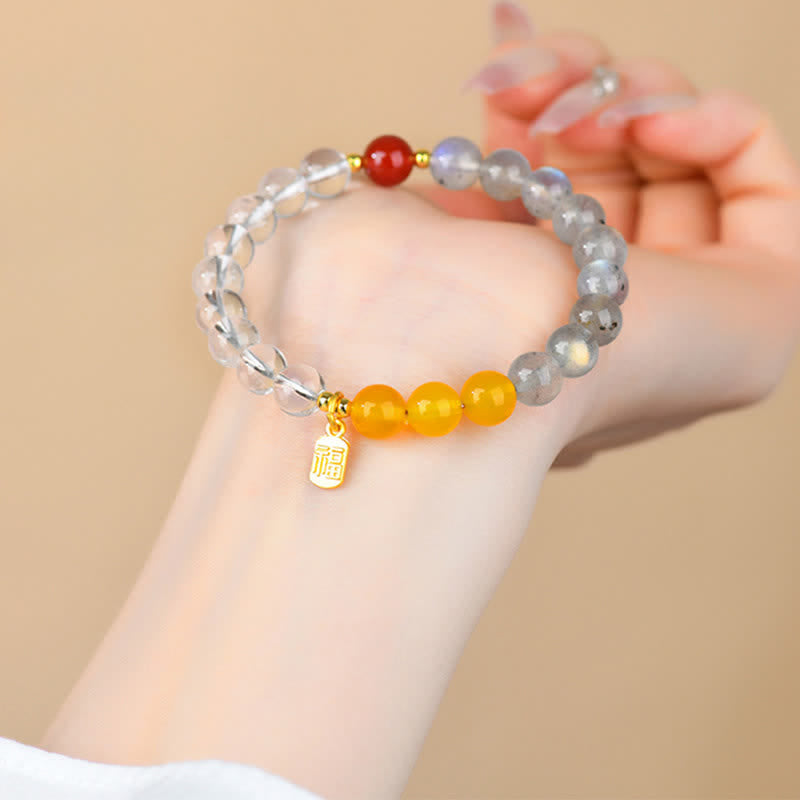 Buddha Stones Strawberry Quartz Citrine Five Elements Fu Character Luck Bracelet