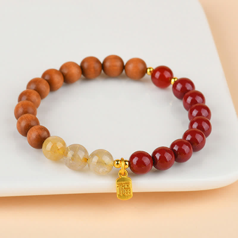 Buddha Stones Strawberry Quartz Citrine Five Elements Fu Character Luck Bracelet