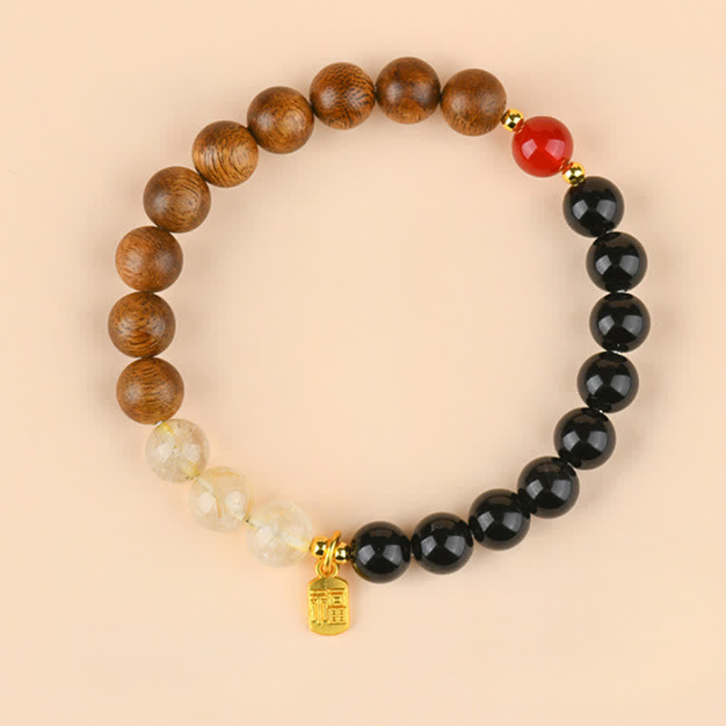 Buddha Stones Strawberry Quartz Citrine Five Elements Fu Character Luck Bracelet
