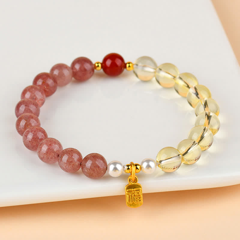 Buddha Stones Strawberry Quartz Citrine Five Elements Fu Character Luck Bracelet