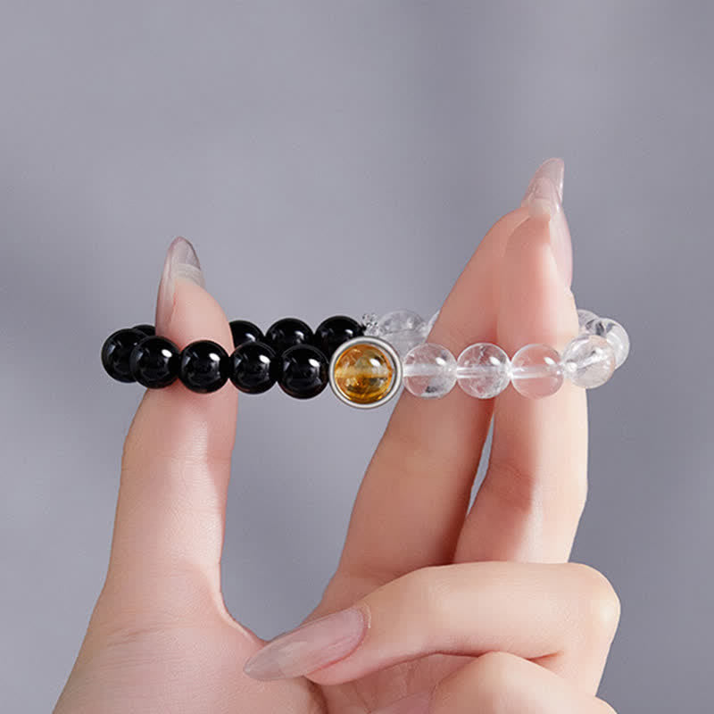 Buddha Stones Clear Quartz Black Obsidian Protection Bracelet