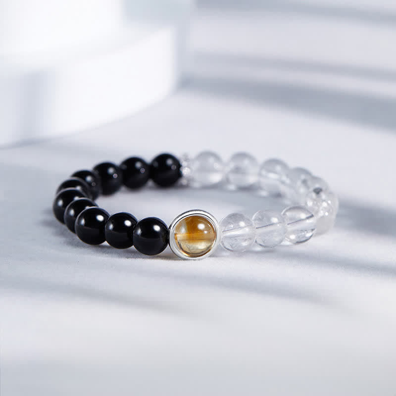 Buddha Stones Clear Quartz Black Obsidian Protection Bracelet