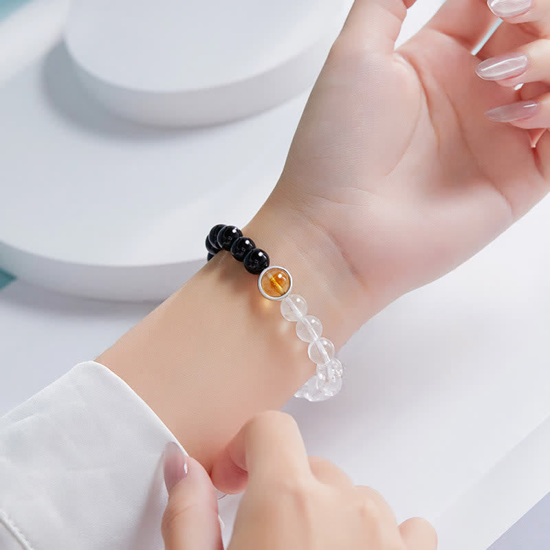 Buddha Stones Clear Quartz Black Obsidian Protection Bracelet