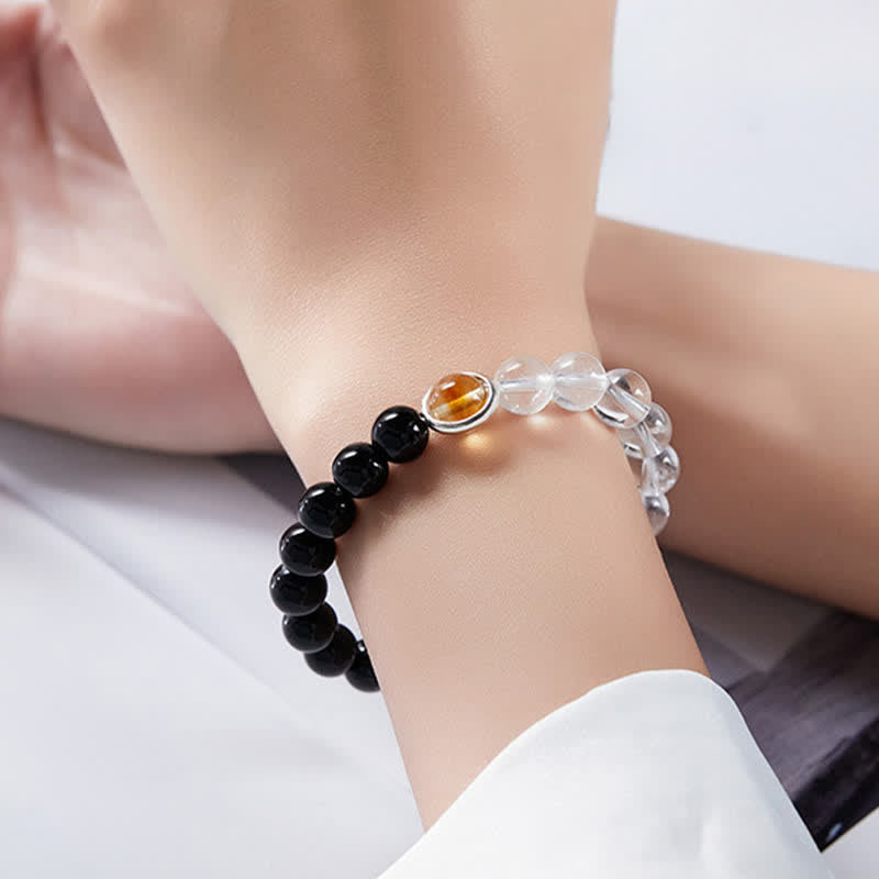 Buddha Stones Clear Quartz Black Obsidian Protection Bracelet