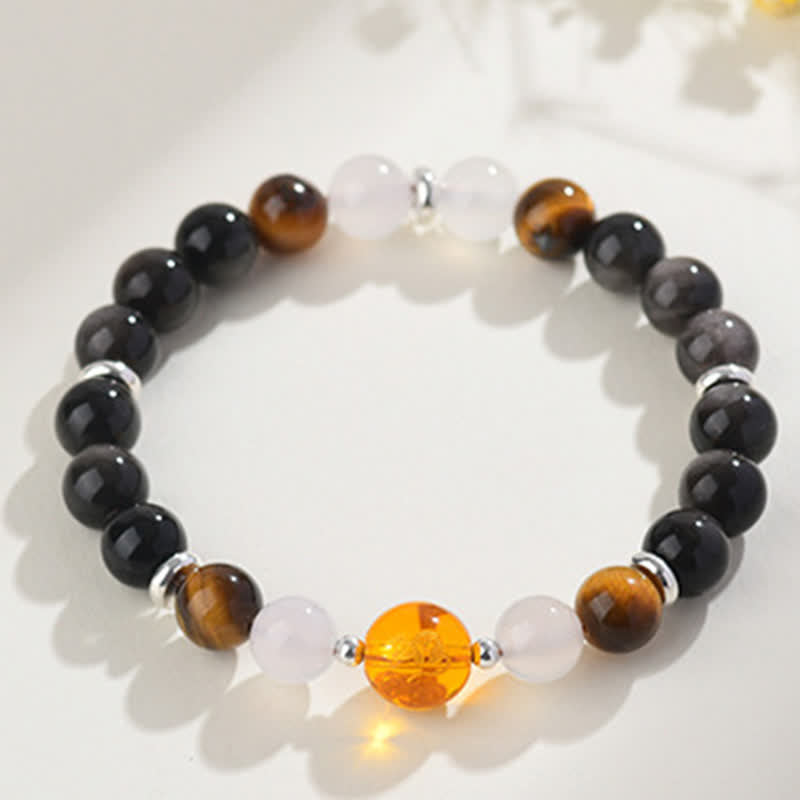 Buddha Stones Natural Crystals Silver Sheen Obsidian Chinese Zodiac Protection Bracelet