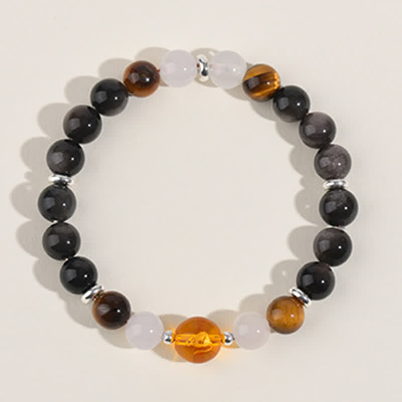Buddha Stones Natural Crystals Silver Sheen Obsidian Chinese Zodiac Protection Bracelet