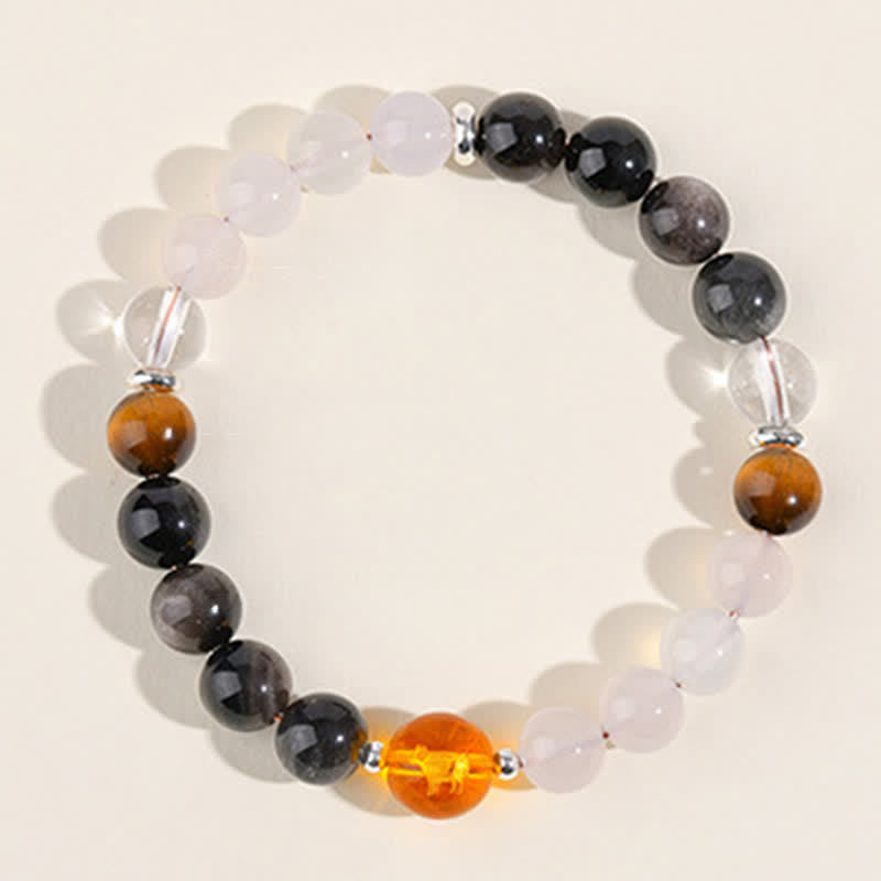 Buddha Stones Natural Crystals Silver Sheen Obsidian Chinese Zodiac Protection Bracelet