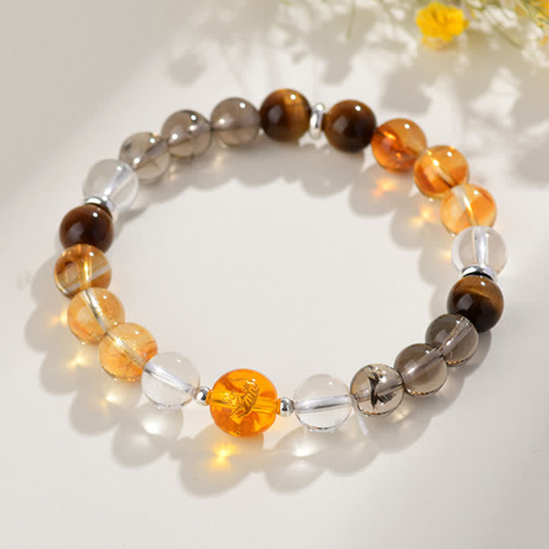 Buddha Stones Natural Crystals Silver Sheen Obsidian Chinese Zodiac Protection Bracelet