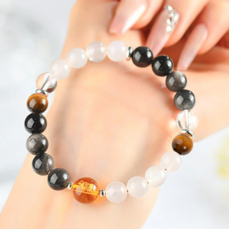 Buddha Stones Natural Crystals Silver Sheen Obsidian Chinese Zodiac Protection Bracelet