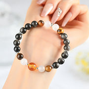 Buddha Stones Natural Crystals Silver Sheen Obsidian Chinese Zodiac Protection Bracelet