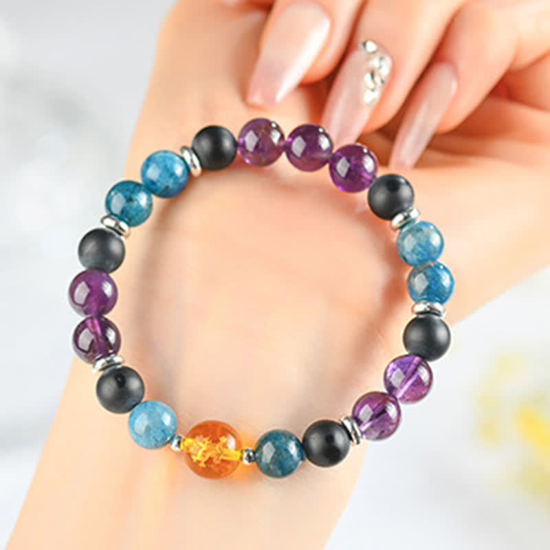 Buddha Stones Natural Crystals Silver Sheen Obsidian Chinese Zodiac Protection Bracelet