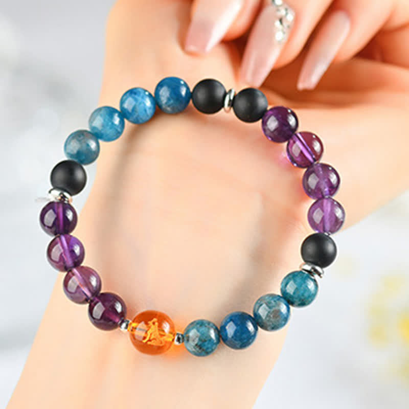 Buddha Stones Natural Crystals Silver Sheen Obsidian Chinese Zodiac Protection Bracelet