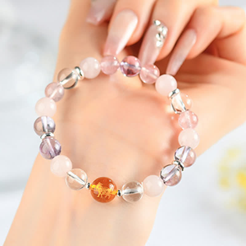 Buddha Stones Natural Crystals Silver Sheen Obsidian Chinese Zodiac Protection Bracelet
