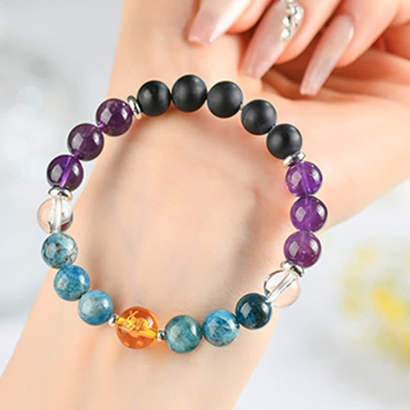 Buddha Stones Natural Crystals Silver Sheen Obsidian Chinese Zodiac Protection Bracelet
