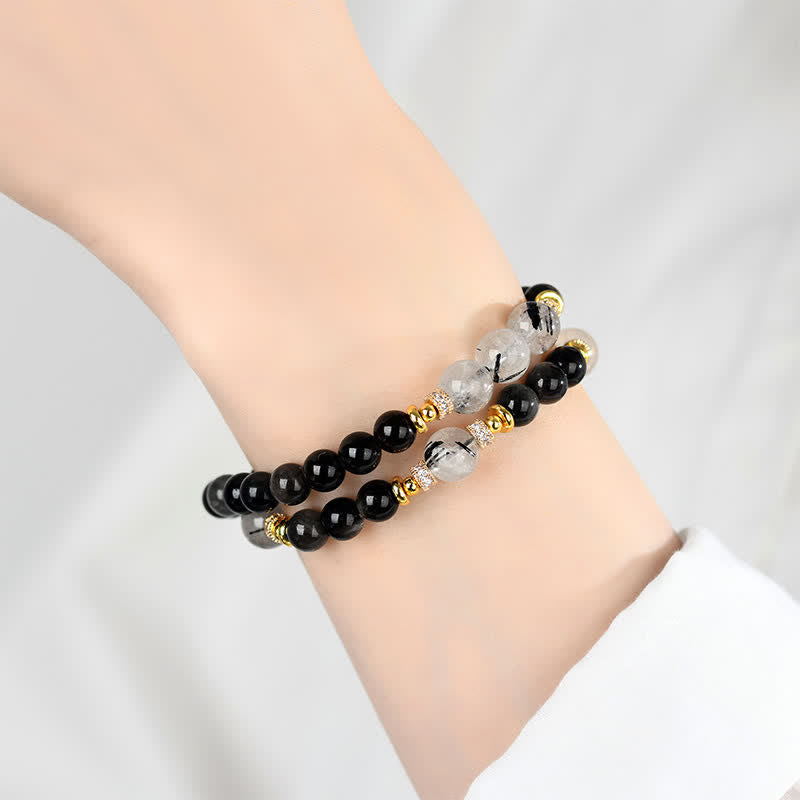 Buddha Stones Natural Silver Sheen Obsidian Double Wrap Soothing Bracelet
