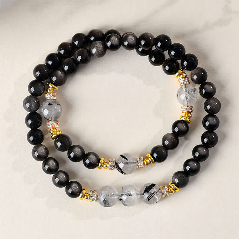 Buddha Stones Natural Silver Sheen Obsidian Double Wrap Soothing Bracelet