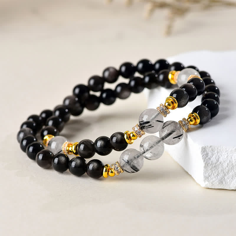 Buddha Stones Natural Silver Sheen Obsidian Double Wrap Soothing Bracelet