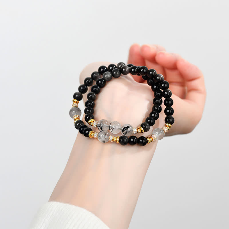 Buddha Stones Natural Silver Sheen Obsidian Double Wrap Soothing Bracelet