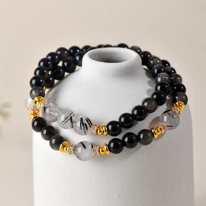 Buddha Stones Natural Silver Sheen Obsidian Double Wrap Soothing Bracelet