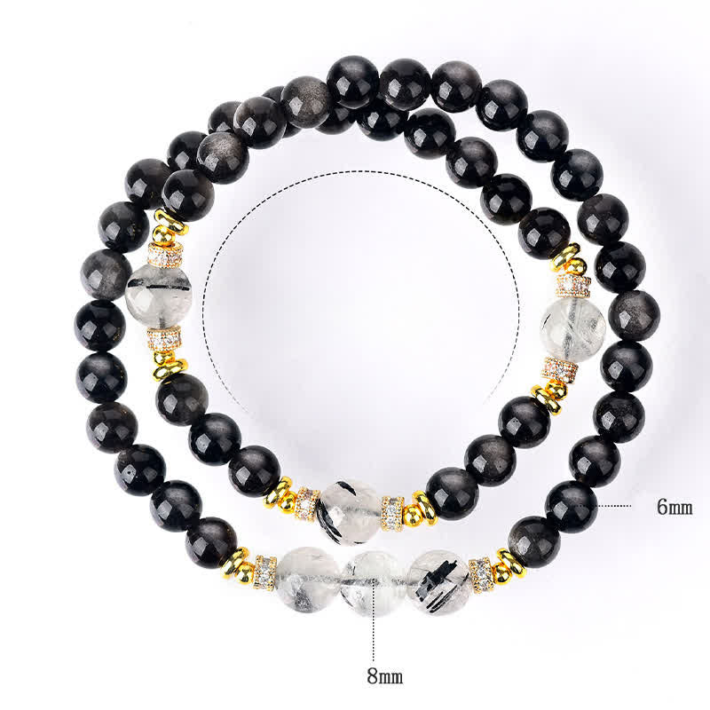 Buddha Stones Natural Silver Sheen Obsidian Double Wrap Soothing Bracelet