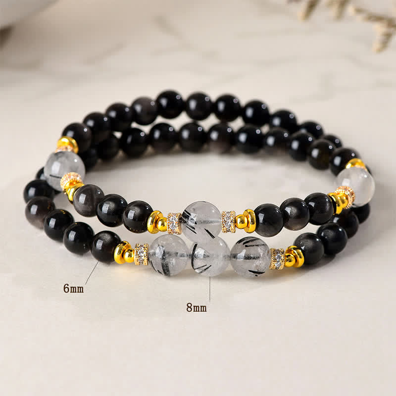 Buddha Stones Natural Silver Sheen Obsidian Double Wrap Soothing Bracelet
