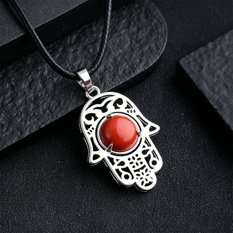 Buddha Stones Natural Black Obsidian Hamsa Palm Inlay Crystal Strength Necklace