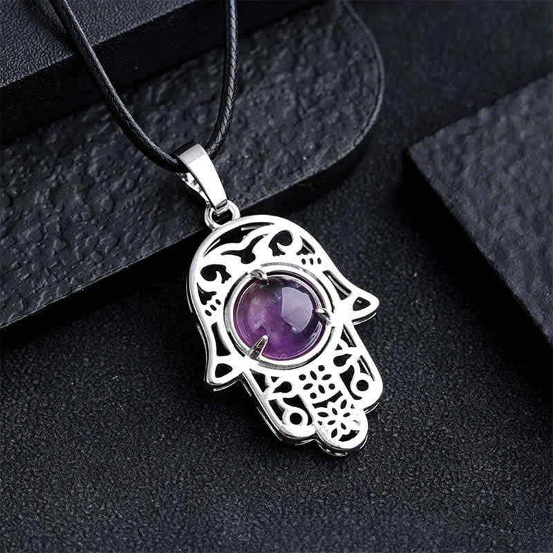 Buddha Stones Natural Black Obsidian Hamsa Palm Inlay Crystal Strength Necklace