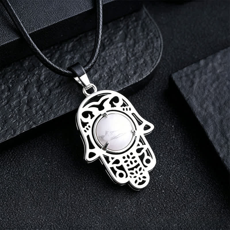 Buddha Stones Natural Black Obsidian Hamsa Palm Inlay Crystal Strength Necklace