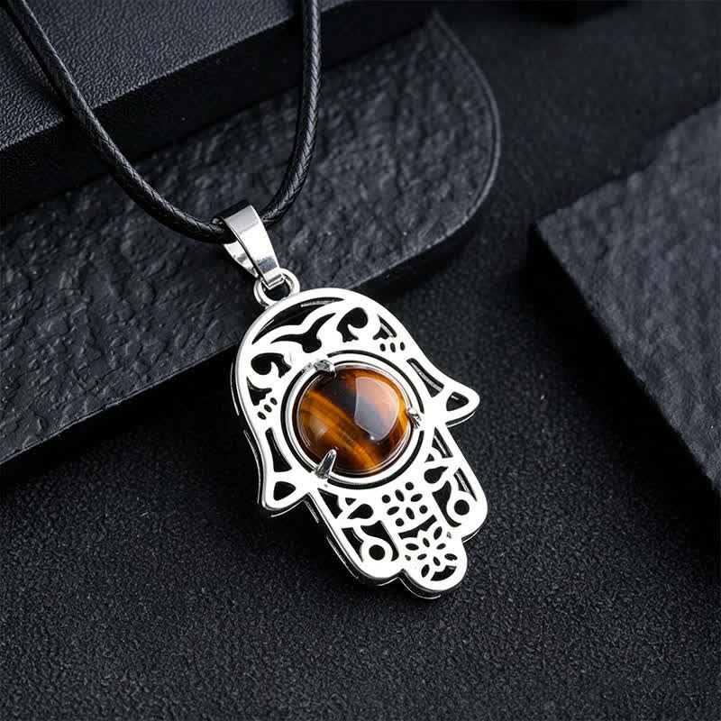 EverestArtStudios Natural Black Obsidian Hamsa Palm Inlay Crystal Strength Necklace