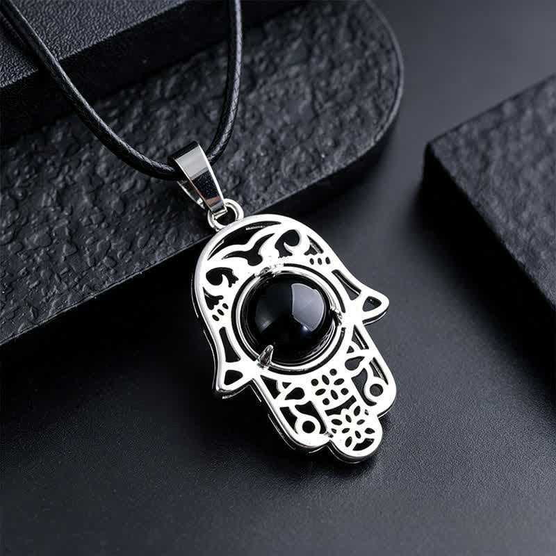 Buddha Stones Natural Black Obsidian Hamsa Palm Inlay Crystal Strength Necklace