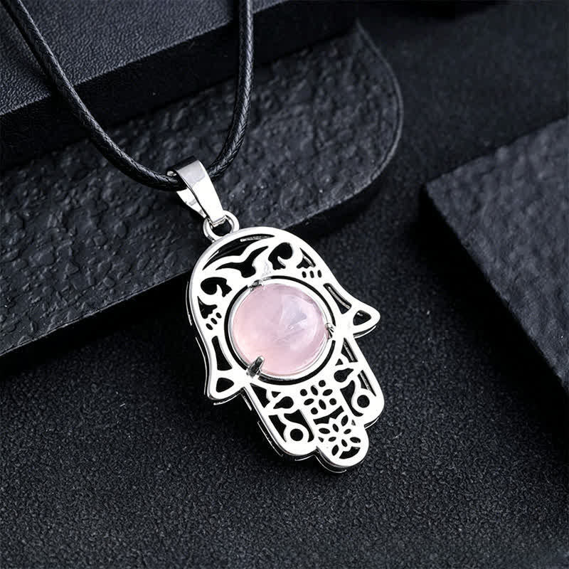 Buddha Stones Natural Black Obsidian Hamsa Palm Inlay Crystal Strength Necklace
