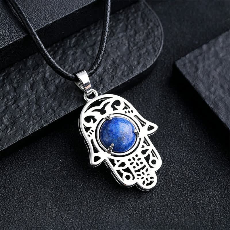Buddha Stones Natural Black Obsidian Hamsa Palm Inlay Crystal Strength Necklace