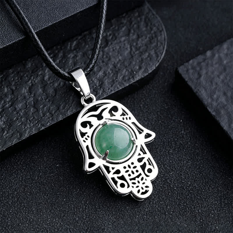 Buddha Stones Natural Black Obsidian Hamsa Palm Inlay Crystal Strength Necklace