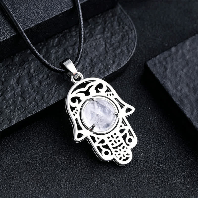 Buddha Stones Natural Black Obsidian Hamsa Palm Inlay Crystal Strength Necklace