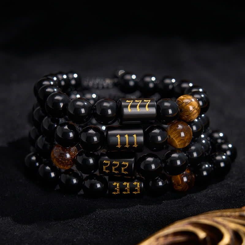 Buddha Stones Angel Number Natural Black Obsidian Tiger Eye Strength Fulfillment Bracelet