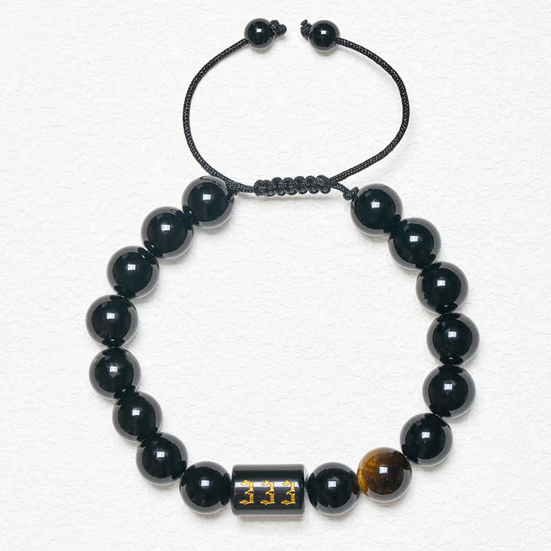 Buddha Stones Angel Number Natural Black Obsidian Tiger Eye Strength Fulfillment Bracelet