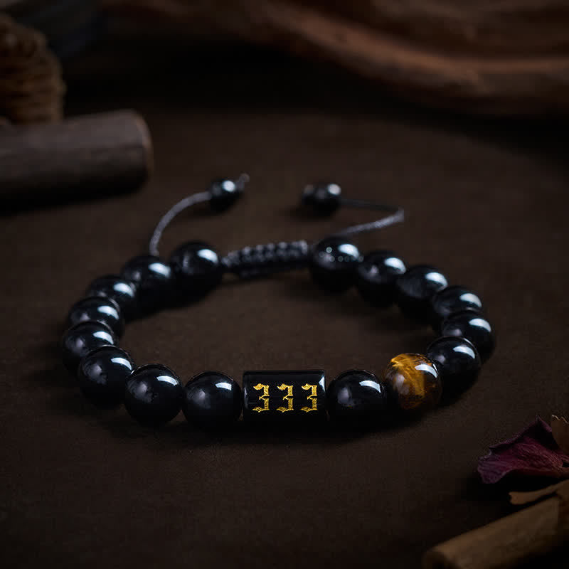Buddha Stones Angel Number Natural Black Obsidian Tiger Eye Strength Fulfillment Bracelet