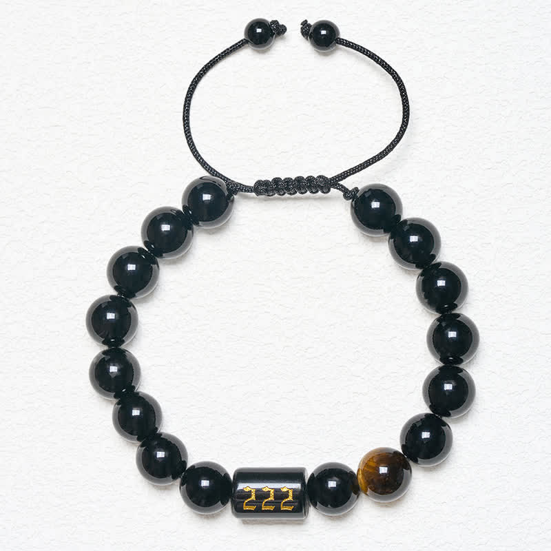 Buddha Stones Angel Number Natural Black Obsidian Tiger Eye Strength Fulfillment Bracelet