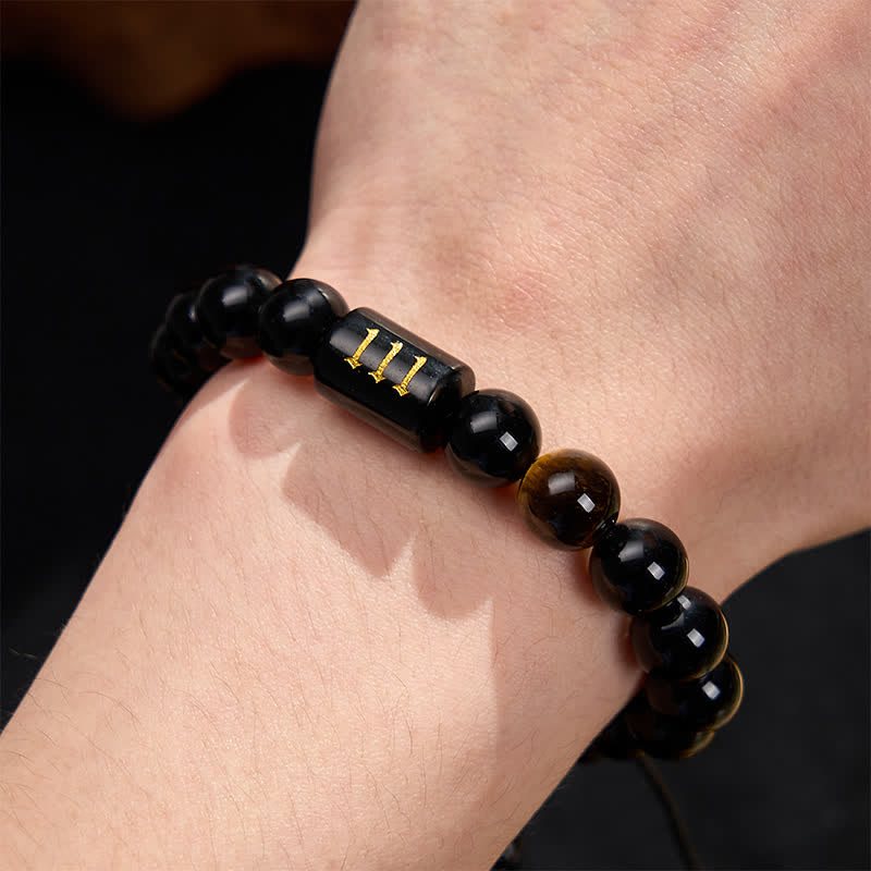 Buddha Stones Angel Number Natural Black Obsidian Tiger Eye Strength Fulfillment Bracelet
