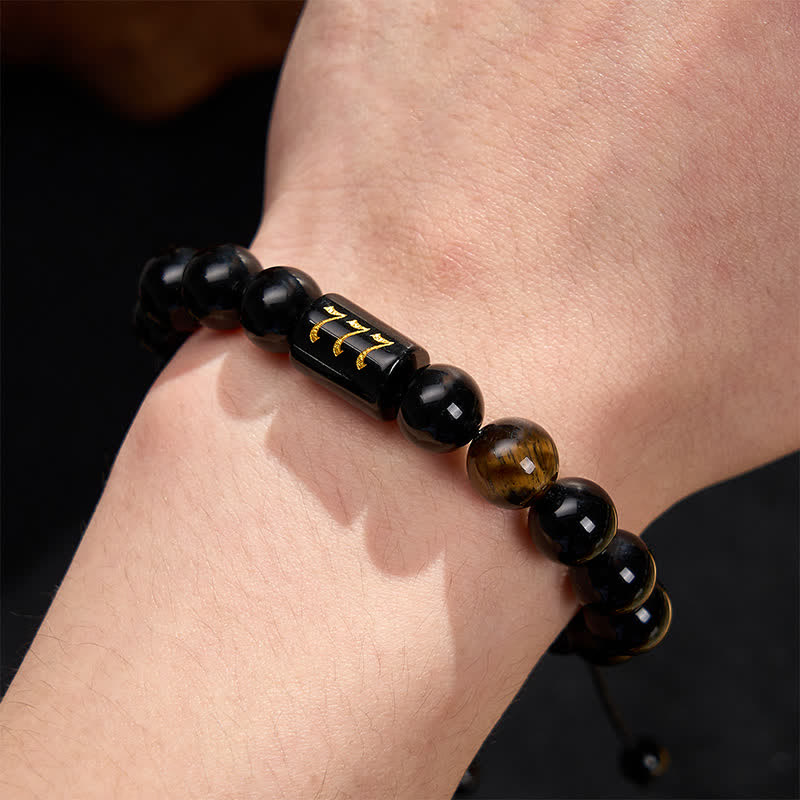 Buddha Stones Angel Number Natural Black Obsidian Tiger Eye Strength Fulfillment Bracelet