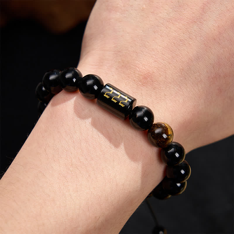 Buddha Stones Angel Number Natural Black Obsidian Tiger Eye Strength Fulfillment Bracelet