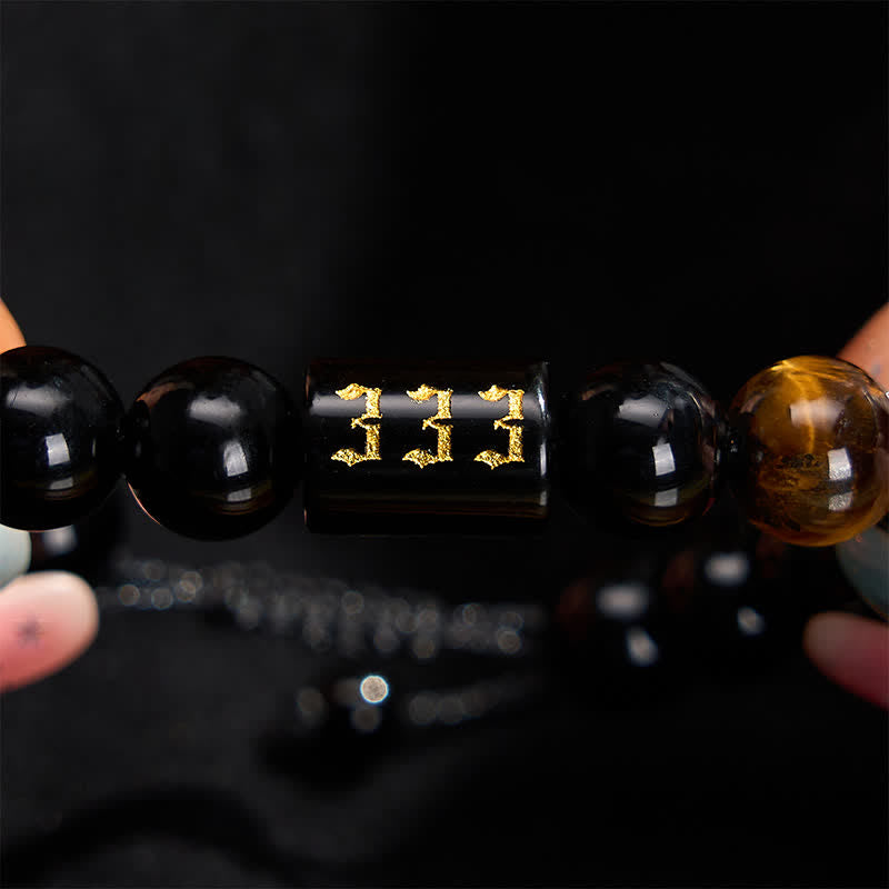 Buddha Stones Angel Number Natural Black Obsidian Tiger Eye Strength Fulfillment Bracelet