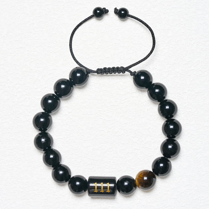 Buddha Stones Angel Number Natural Black Obsidian Tiger Eye Strength Fulfillment Bracelet