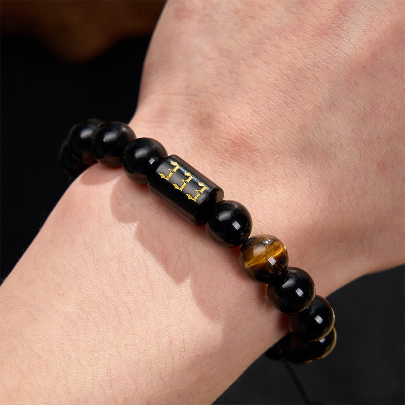 Buddha Stones Angel Number Natural Black Obsidian Tiger Eye Strength Fulfillment Bracelet