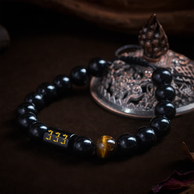 Buddha Stones Angel Number Natural Black Obsidian Tiger Eye Strength Fulfillment Bracelet