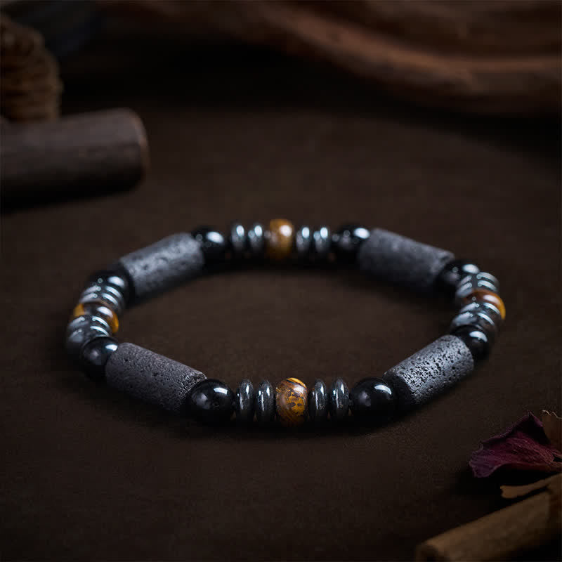Buddha Stones Natural Tiger's Eye Obsidian Hematite Lava Rock Powerful Bracelet